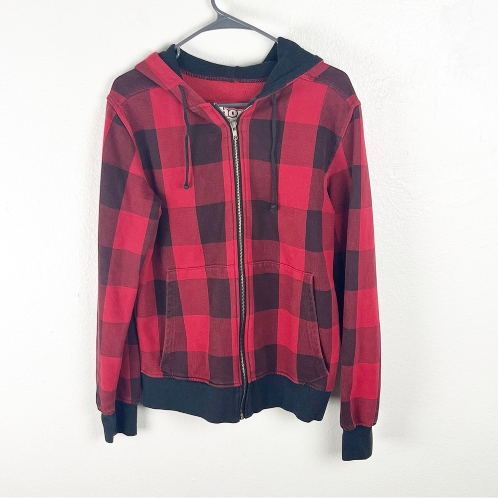CHOR Buffalo Plaid Full Zip Pockets Drawstring Hooded Jacket Small Skater Casual
